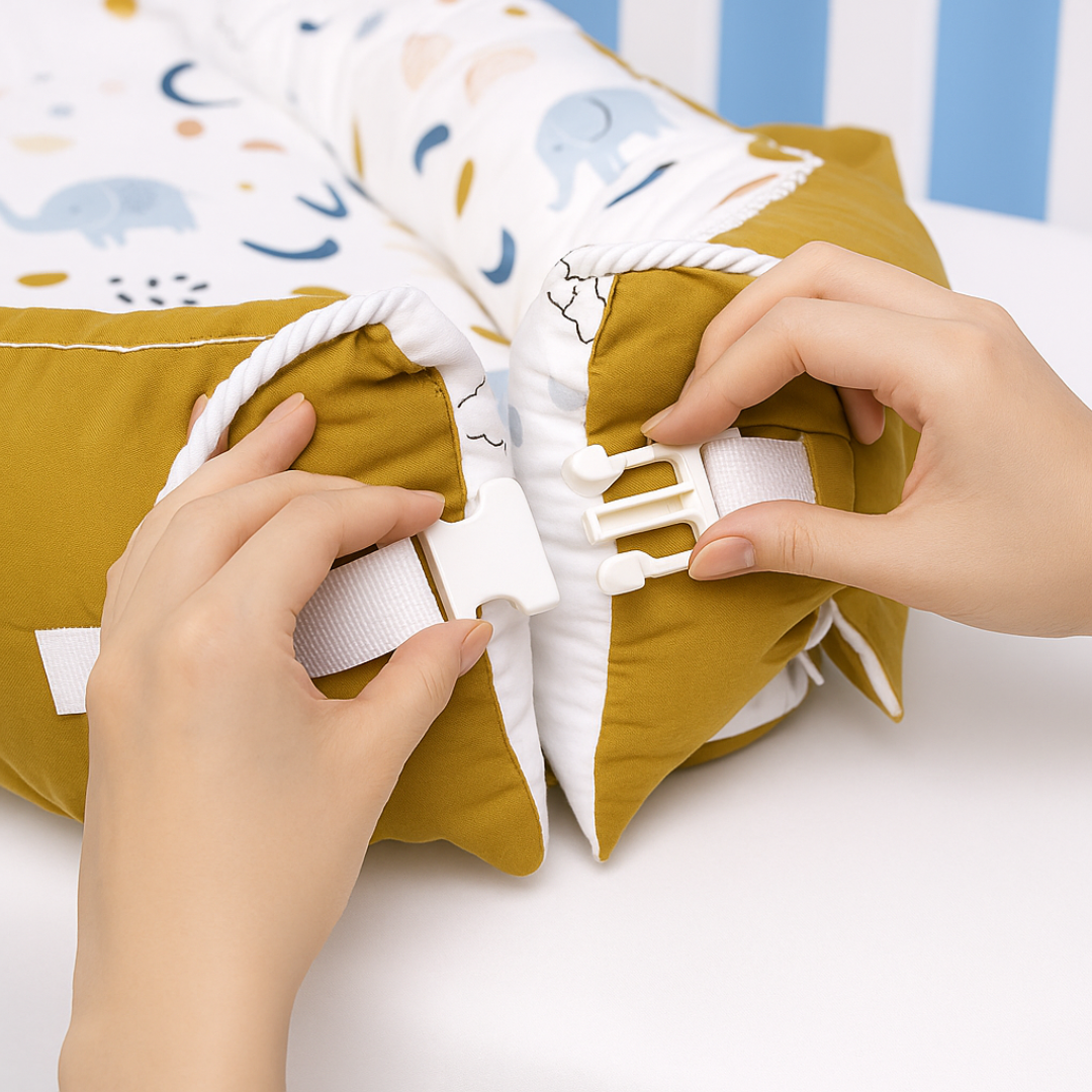 Close-up of hands fastening buckle on mustard and white baby nest sleep pod with elephant print