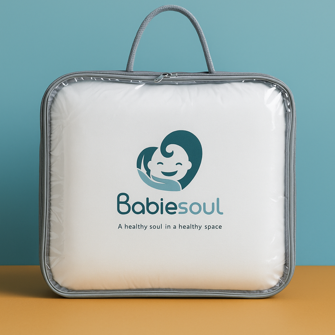 Babiesoul baby nest sleep pod packaged in clear carrying case with gray trim and handle