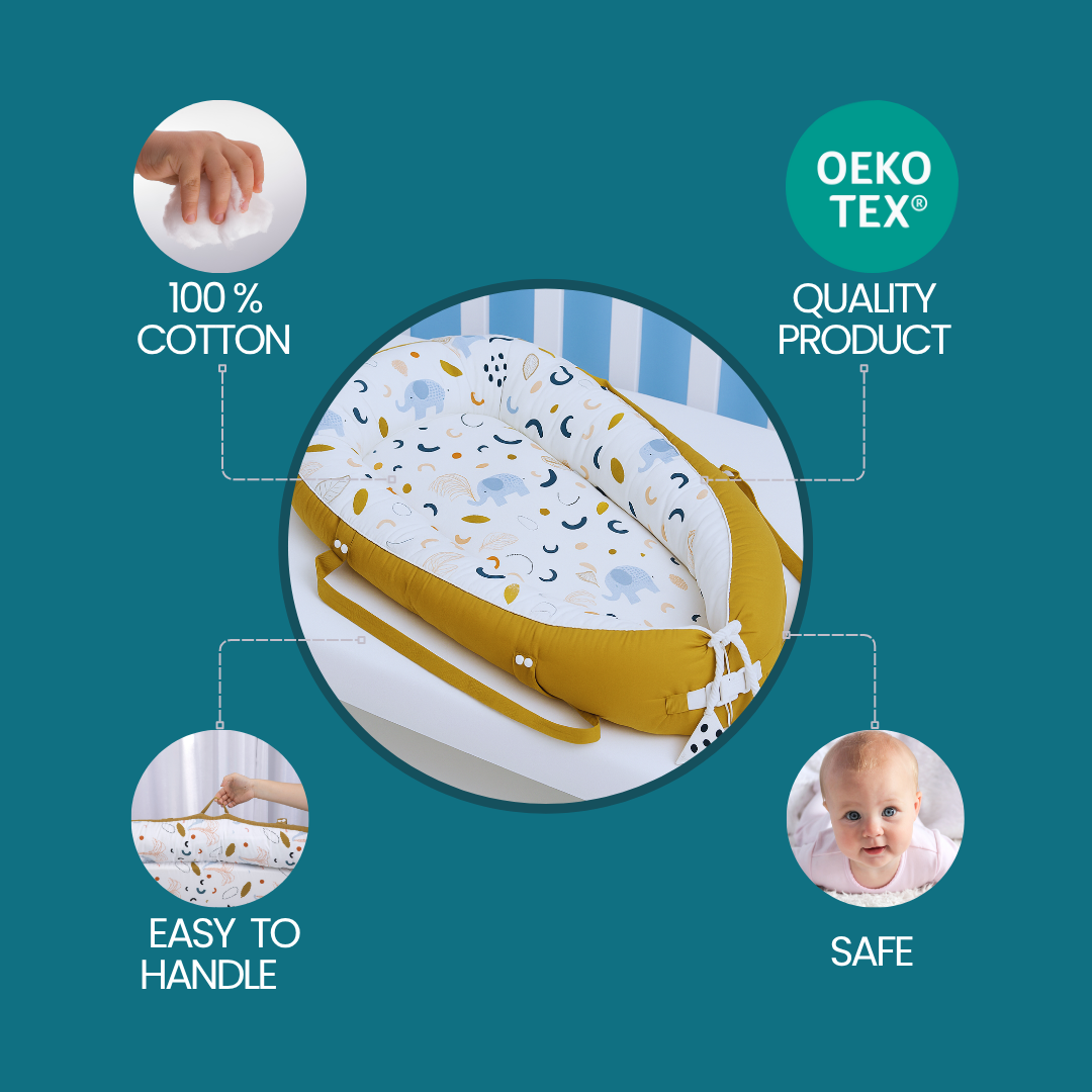 Babiesoul baby nest sleep pod in yellow and white with cotton fabric, easy to handle and safe for babies